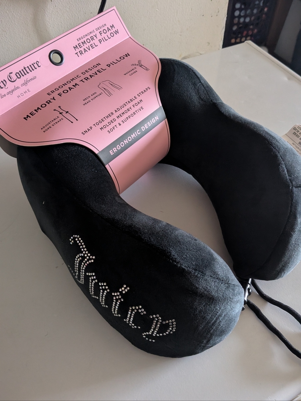 Juicy Couture Black Travel Neck Pillow with Rhinestone Logo